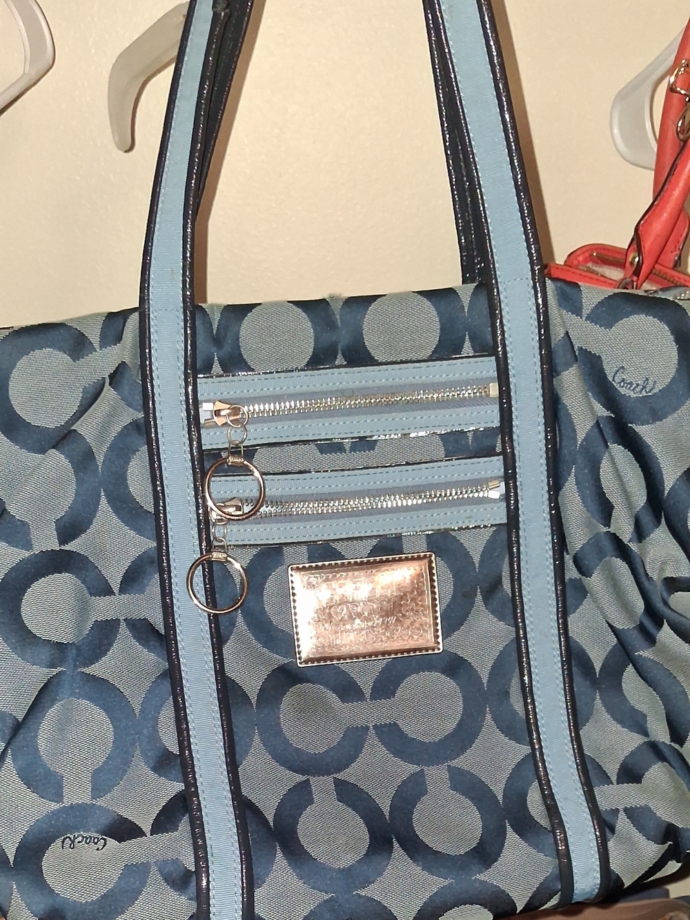 Coach Two-Tone Blue Signature Logo Tote with Silver Plaque